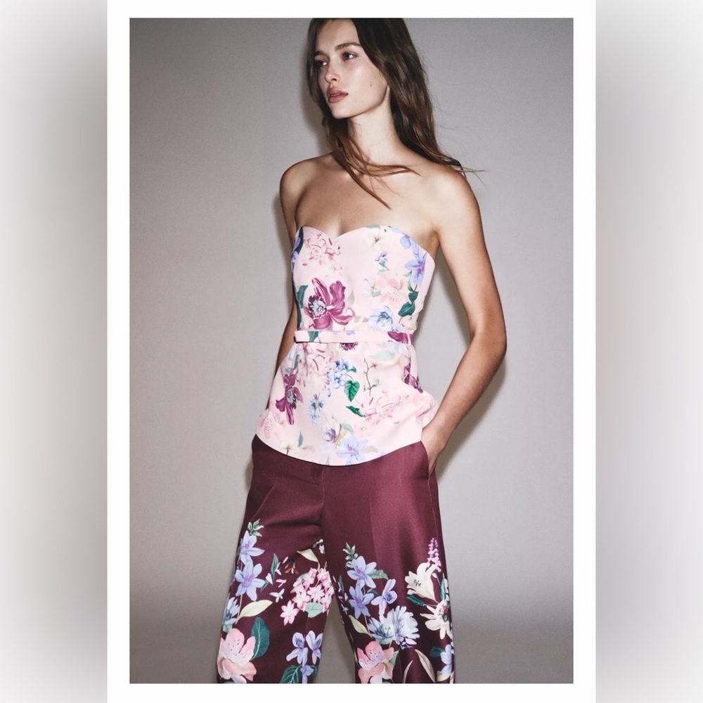 ZARA FLORAL PRINT BELTED BUSTIER TOP